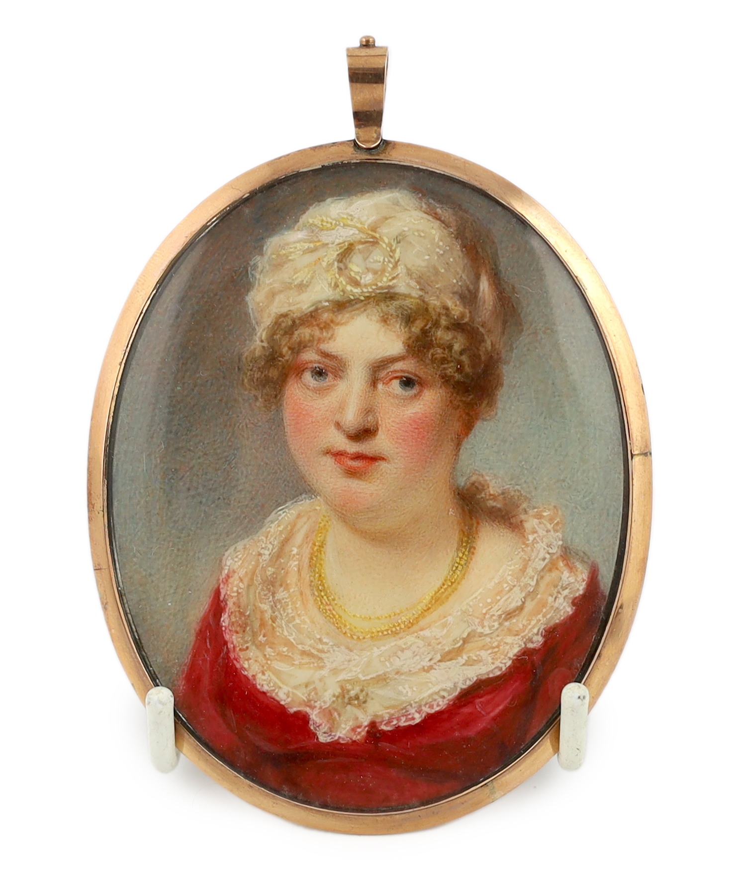 English School circa 1820, Portrait miniature of a lady, watercolour on ivory, 8.2 x 6.5cm. CITES Submission reference BQS54RXW